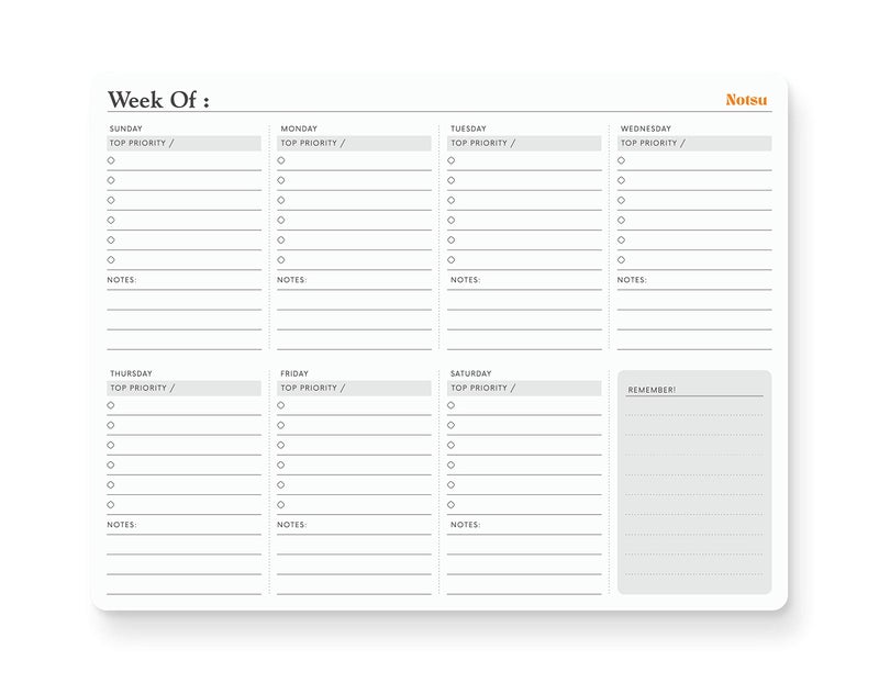 Notsu Weekly Planner Notepad | Sunday Start Weekly Calendar Pad Tear Off, 50 Undated Pages - Image 1
